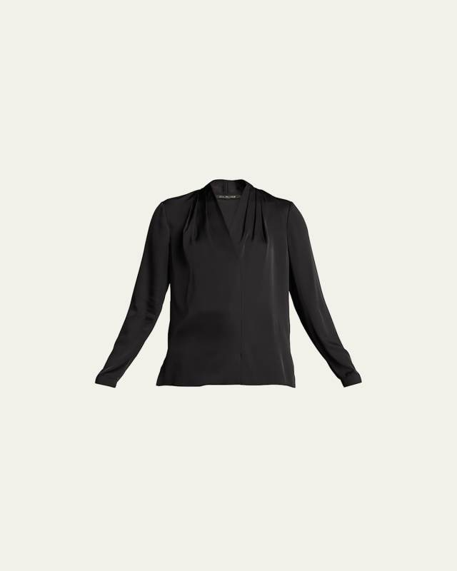 Nellie Pleated V-Neck Long-Sleeve Blous